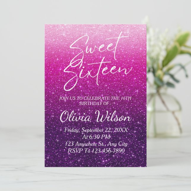 Invitación Purpurina rosa Sparkles Ombre Sweet 16 (Anverso de pie)