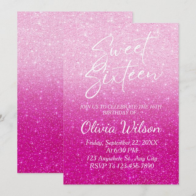 Invitación Purpurina rosa Sparkles Ombre Sweet 16 (Anverso / Reverso)
