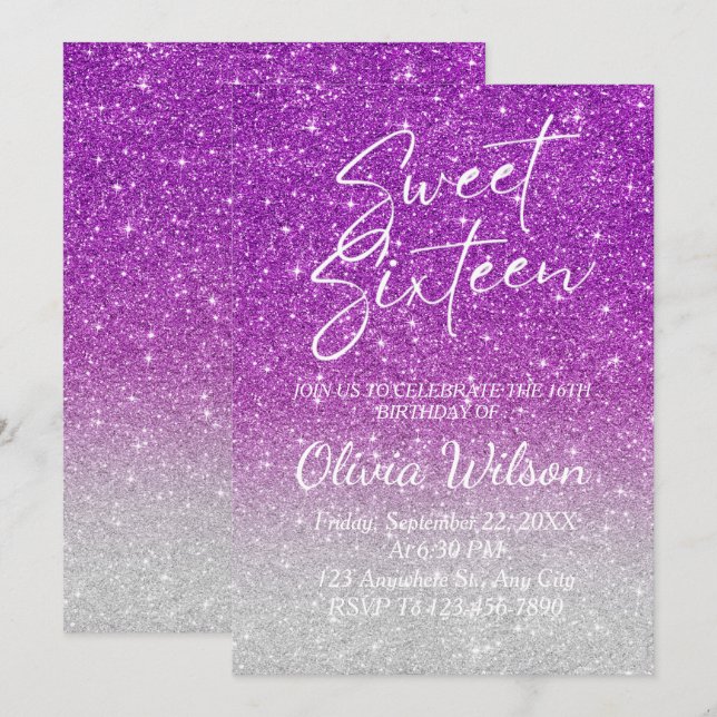 Invitación Purpurina rosa Sparkles Ombre Sweet 16 (Anverso / Reverso)