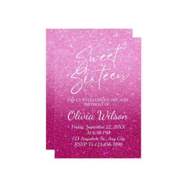 Invitación Purpurina rosa Sparkles Ombre Sweet 16 (Anverso/Reverso In Situ)
