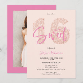 Invitación Purpurina rosa Sweet 16 guión de color negro foto