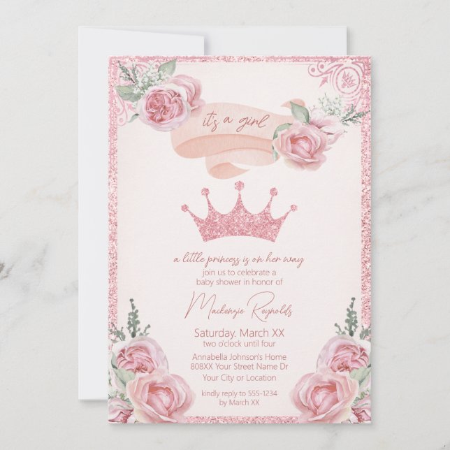 Invitación Purpurina rosa Tiara Princess Baby Shower (Anverso)