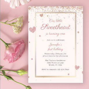 Invitación Purpurina Rosa Valentine Cariño primer cumpleaños