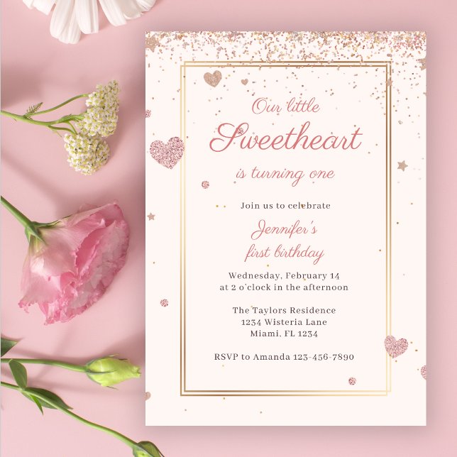 Invitación Purpurina Rosa Valentine Cariño primer cumpleaños (Subido por el creador)