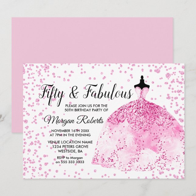 Invitación Purpurina Rosa Vestida Cincuenta y Fabuloso Cumple (Anverso / Reverso)