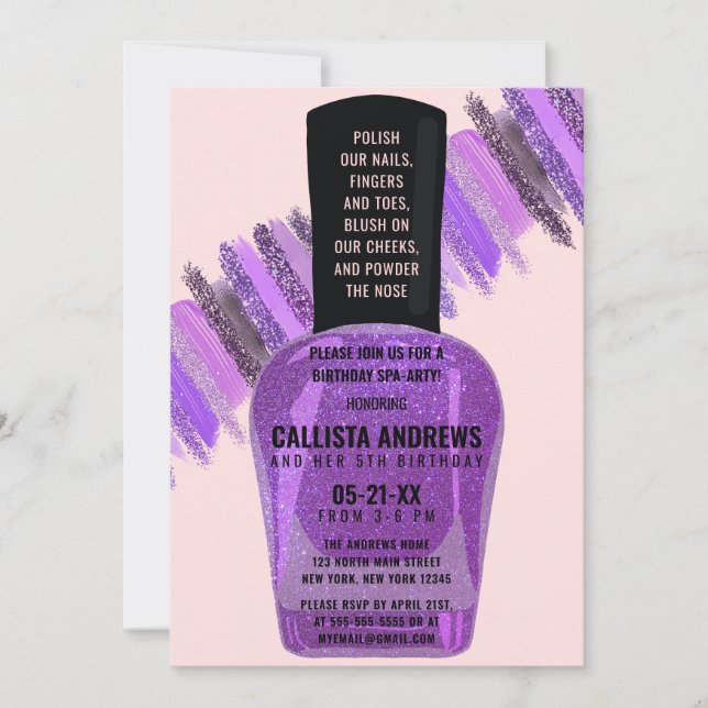 Invitación Purpurina Rosa Violeta Nail Polaco Spa Día Cumplea (Anverso)