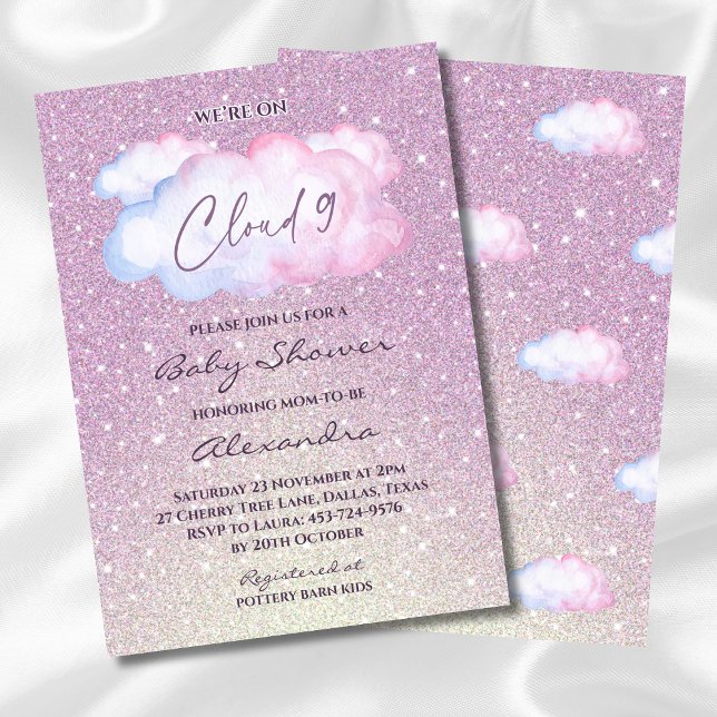 Invitación Purpurina rosa Watercolor Cloud Baby Shower (Subido por el creador)