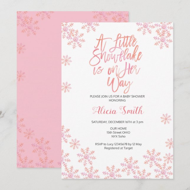 Invitación Purpurina Rosa Winter Chica Wonderland Baby Shower (Anverso / Reverso)