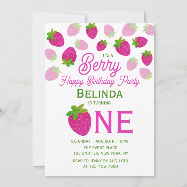 Invitación Purpurina Rosa Y2K Fresa Primer Cumpleaños (Anverso)
