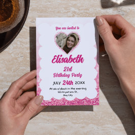 Invitación Purpurina rosa y blanco 15.ª foto de cumpleaños