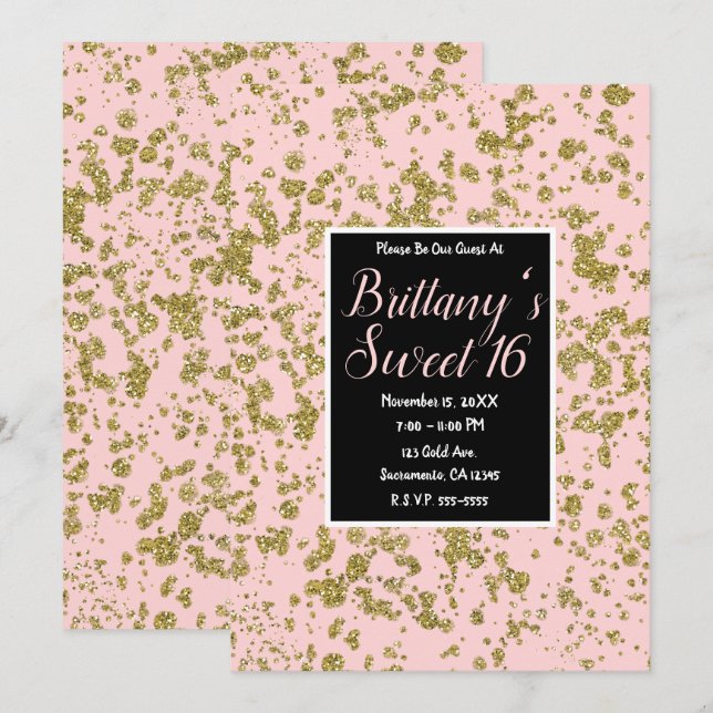 Invitación Purpurina rosa y dorada Girly Glam Dulce moderno 1 (Anverso / Reverso)