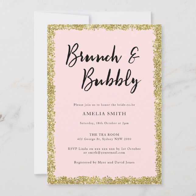 Invitación Purpurina rosa y dorado Fiesta de ducha de novia (Anverso)