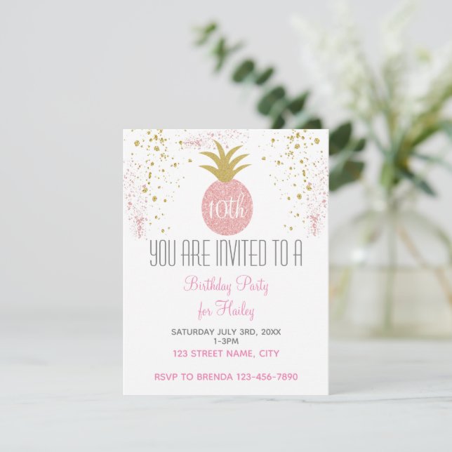 Invitación Purpurina rosa y dorado Fiesta de piña (Anverso de pie)