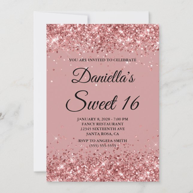 Invitación Purpurina Rosa y dulces rosados polvorientos 16 (Anverso)