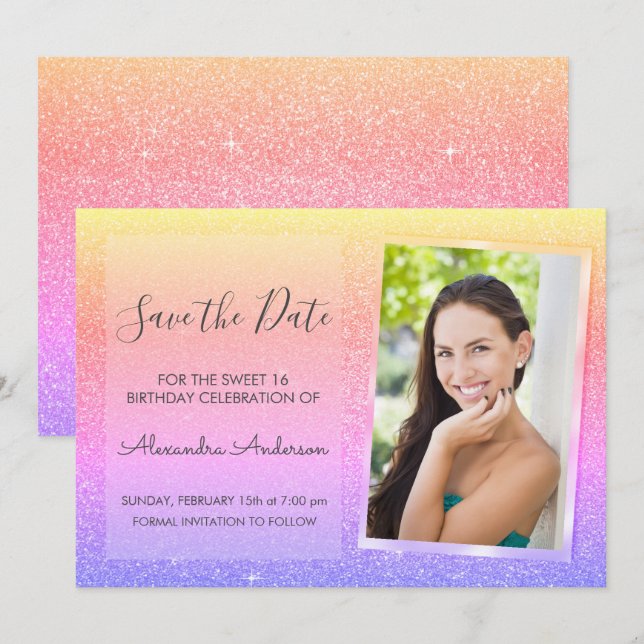 Invitación Purpurina rosa y morado dulce 16 Guardar la fecha (Anverso / Reverso)