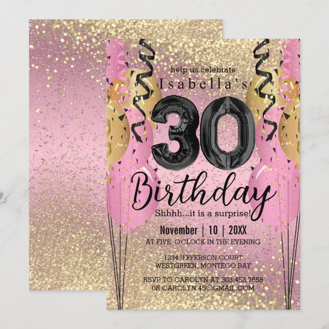 Invitación Purpurina Rosa y Oro 30 cumpleaños (Anverso / Reverso)