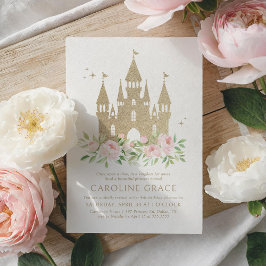 Invitación Purpurina Rosa y Oro Castillo Princesa Cumpleaños