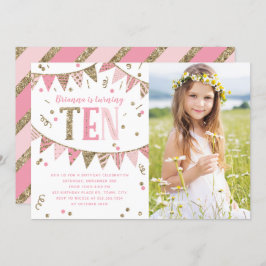 Invitación Purpurina Rosa y Oro Décima Foto de fiesta de cump