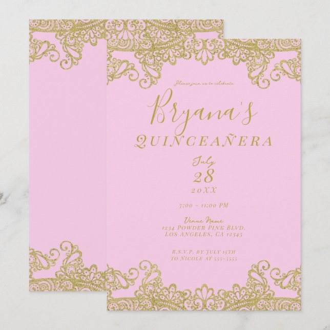 Invitación Purpurina Rosa y Oro Lace Elegante Quinceañera (Anverso / Reverso)