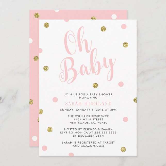 Invitación Purpurina Rosa y Oro Oh Baby Shower (Anverso / Reverso)