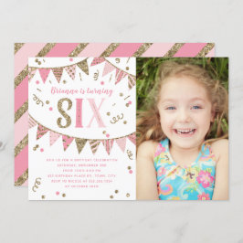 Invitación Purpurina Rosa y Oro Sexto cumpleaños Foto