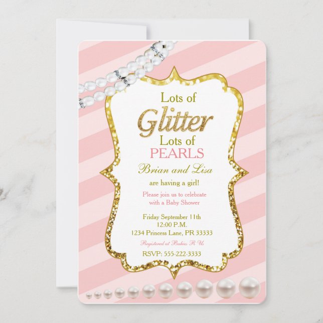 Invitación Purpurina Rosa y Oro y Perlas Baby Shower invita (Anverso)