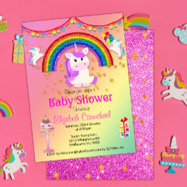 Invitación Purpurina rosa y unicornio arcoiris en Baby Shower