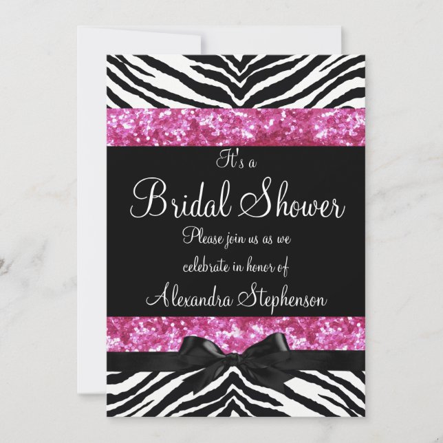 Invitación Purpurina rosa Zebra Bow Bridal Shower (Anverso)