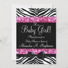 Invitación Purpurina rosa Zebra Bow Chica Baby Shower