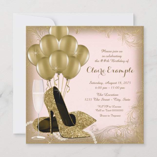 Invitación Purpurina rosada y de oro Fiesta de cumpleaños de  (Anverso)