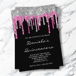 Invitación Purpurina rosado caliente de plata gotea Quinceañe