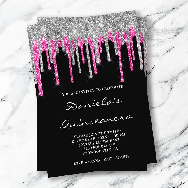 Invitación Purpurina rosado caliente de plata gotea Quinceañe (Subido por el creador)