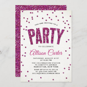 Invitación Purpurina rosado caliente Fiesta Confetti