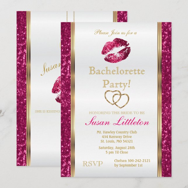 Invitación Purpurina rosado caliente levanta Bachelorette Par (Anverso / Reverso)