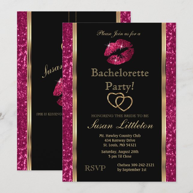 Invitación Purpurina rosado caliente levanta fiesta de solter (Anverso / Reverso)