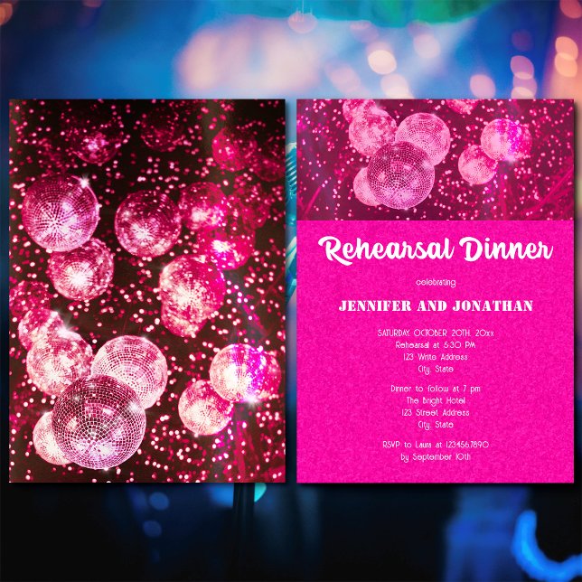 Invitación Purpurina Rosado Caliente Retro Disco Ball Ensayo  (Front and Back)