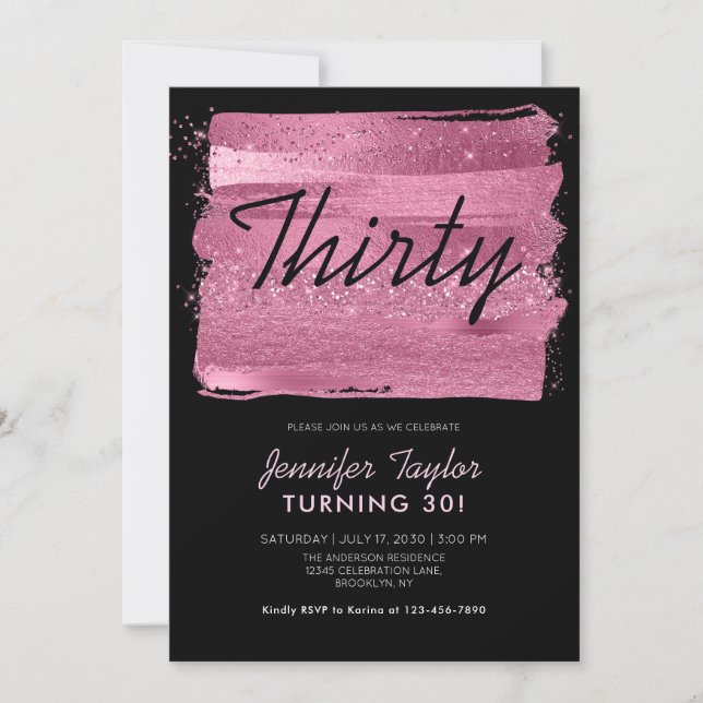 Invitación Purpurina rosado Cepillo de brocha negro 30 cumple (Anverso)