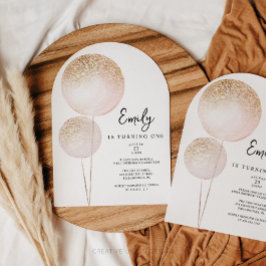 Invitación Purpurina Rosado Chica de Globos Primera Fiesta de