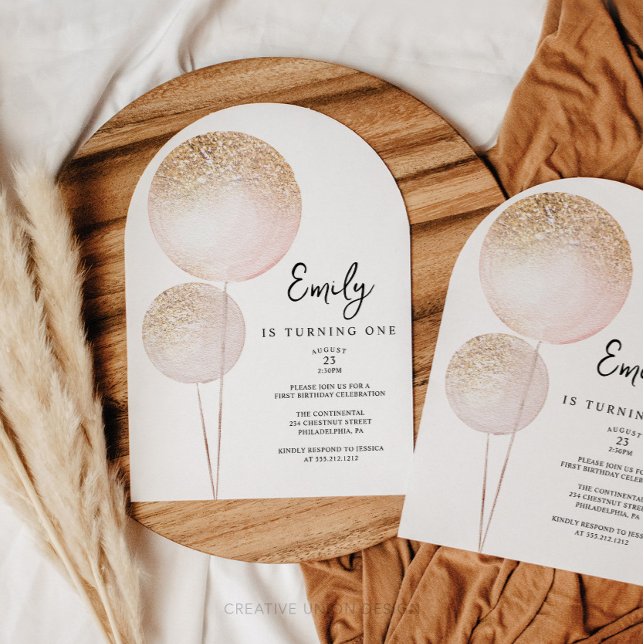 Invitación Purpurina Rosado Chica de Globos Primera Fiesta de (Minimal First Birthday)