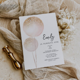 Invitación Purpurina Rosado Chica de Globos Primera Fiesta de