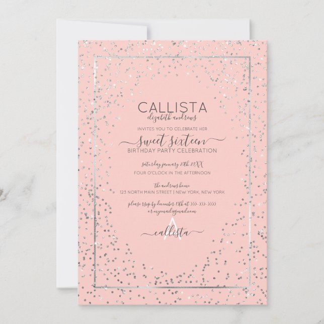 Invitación Purpurina rosado  Confetti Borde dulce 16 (Anverso)
