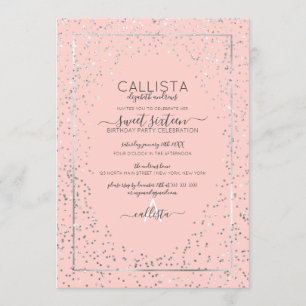 Invitación Purpurina rosado Confetti Borde dulce 16
