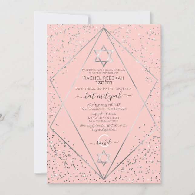 Invitación Purpurina rosado Confetti Terrarium Bat Mitzvah (Anverso)