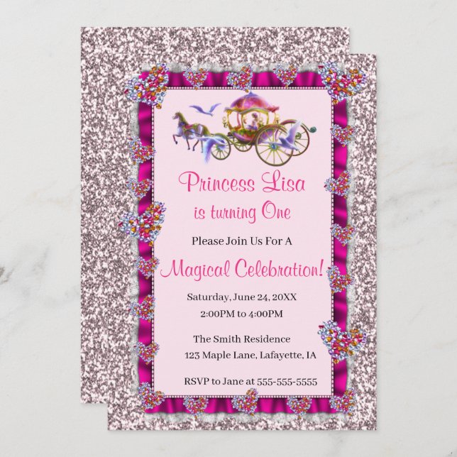 Invitación Purpurina rosado de cinta rosada Princesa Real Cum (Anverso / Reverso)