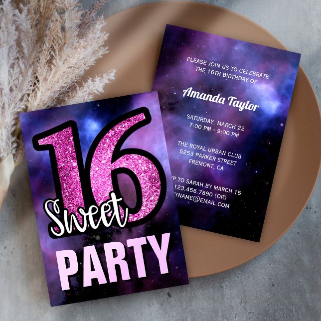 Invitación Purpurina rosado de la galaxia púrpura dulce 16 fi (Subido por el creador)