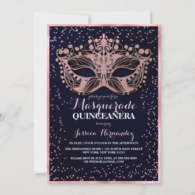 Invitación Purpurina rosado de la marina Confetti Masquerade  (Anverso)