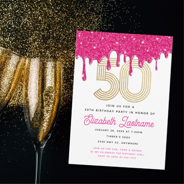 Invitación Purpurina rosado de moda Drip 50 cumpleaños invita (Subido por el creador)