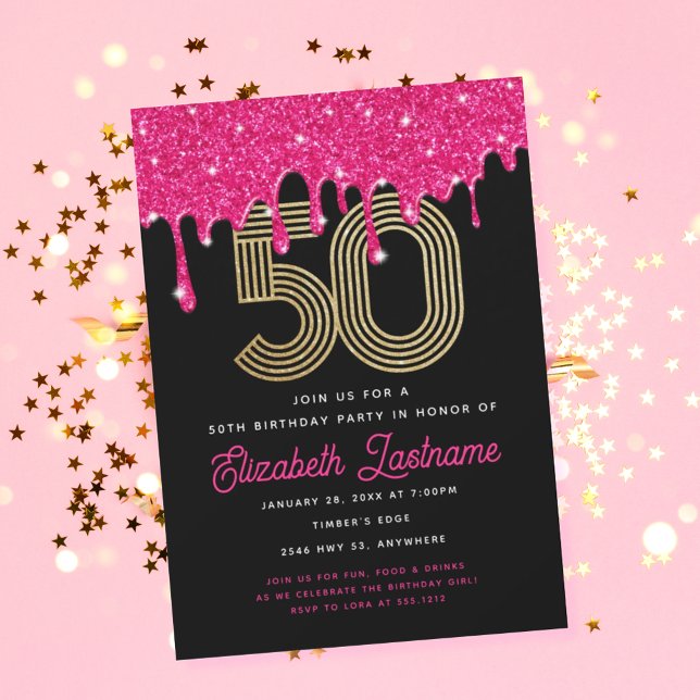 Invitación Purpurina rosado de moda Drip 50 cumpleaños invita (Subido por el creador)