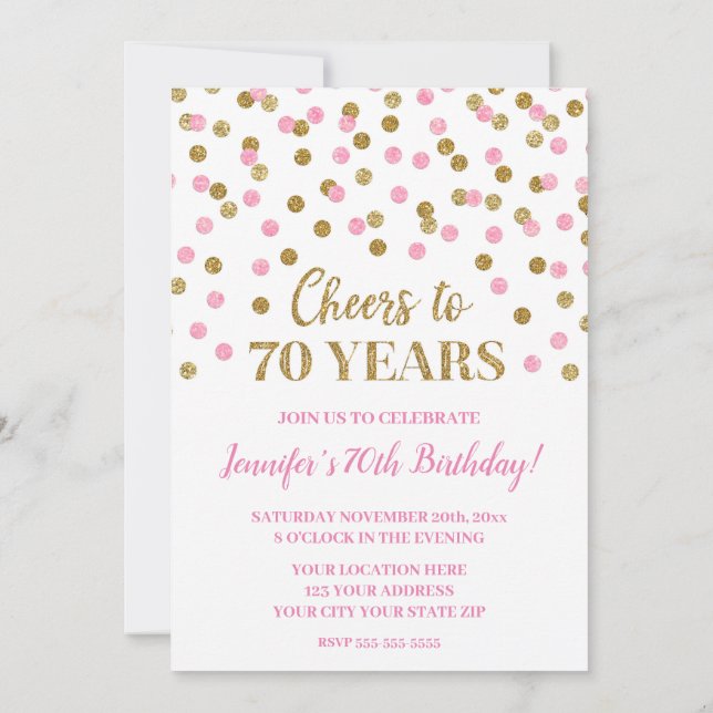 Invitación Purpurina rosado de oro celebra hasta 70 años (Reverso)