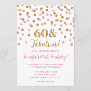 Invitación Purpurina rosado de oro Confetti 60 y fabuloso
